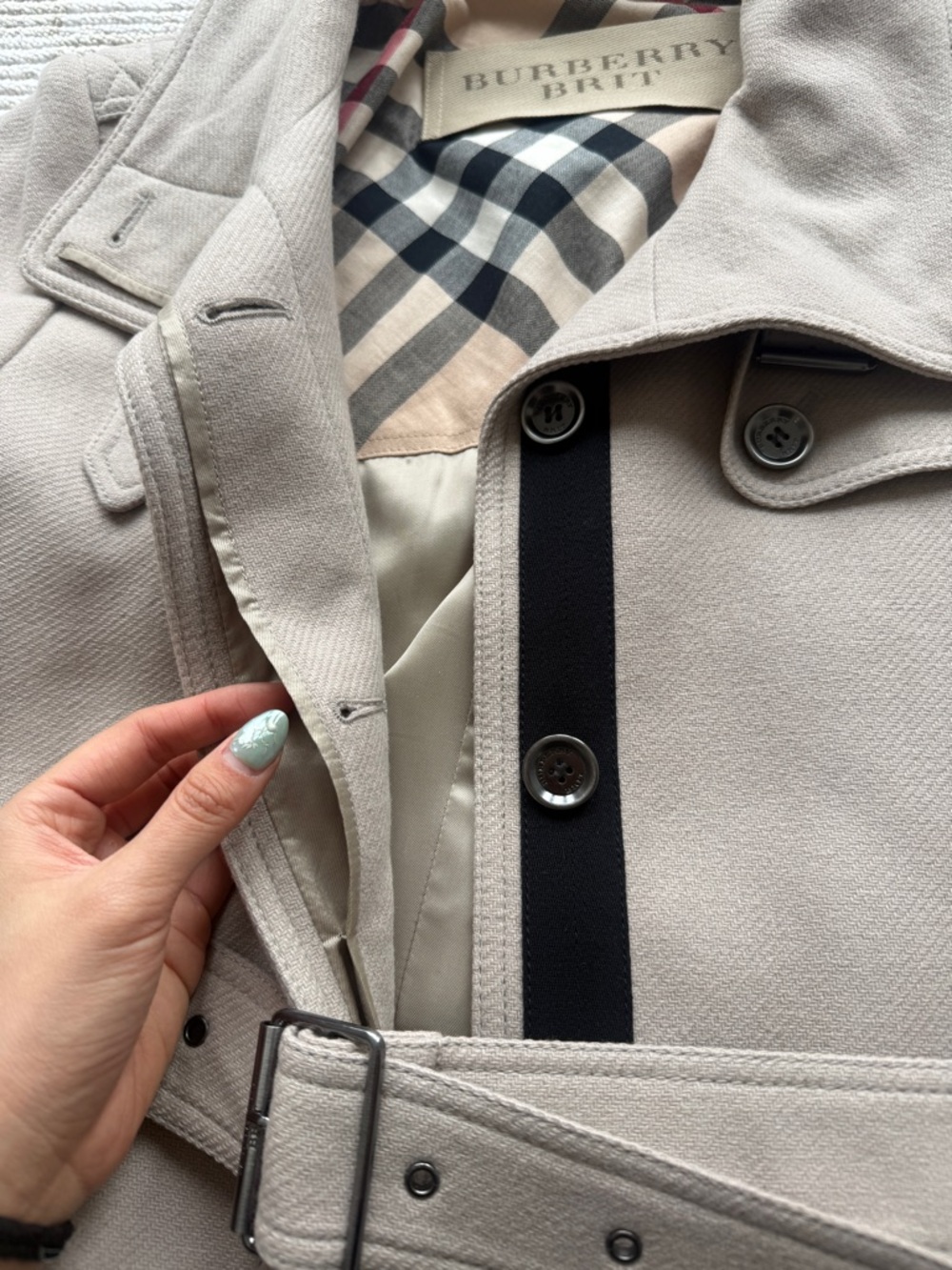 Burberry Brit Belted Wool-Cashmere Blend Trench Coat in Light Beige - Picture 8 of 16